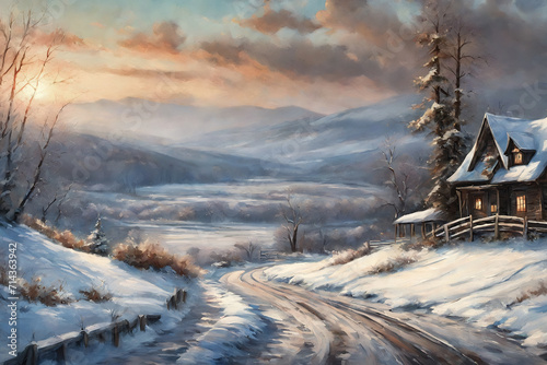 oil painting, beautiful winter landscape with mountains in the background, printable art, picture to print on the wall
