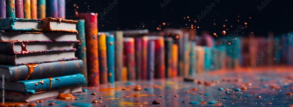 Books splattered with paint. Depicting study and education in the arts. Creative mind banner with copy space. School art education.