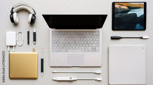 Flat lay photo of Office table with laptop computer, notebook, digital tablet, mobile phone, Pencil, eyeglasses on modern two tone (white and grey) background. Desktop office mockup concept. photo