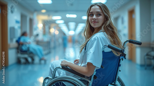 The girl in the wheelchair in the corridor of the hospital