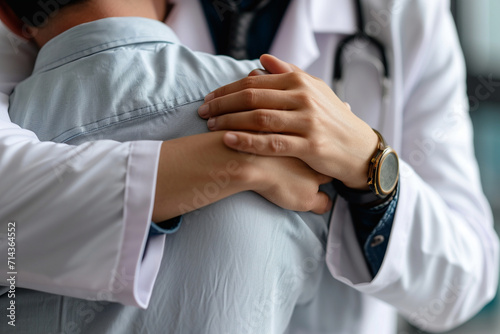 A close-up of a doctor comforting a patient, symbolizing the compassionate aspect of healthcare and fostering joy, love and care, happiness, and improved life