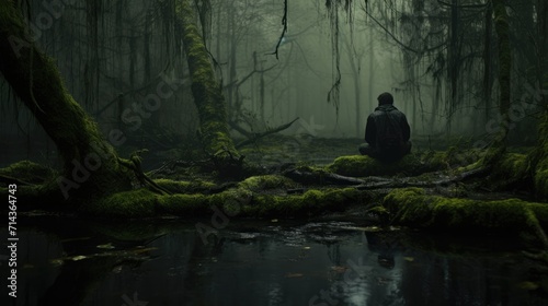 Lonely man sits in the dark forest in the middle of nowhere. Stalker, rear view. Depression and solitude. AI Generated photo