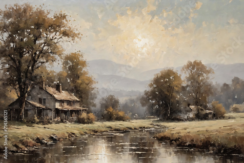 oil painting, beautiful landscape, village and buildings, printable art, picture to print on the wall