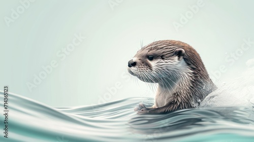  a close up of a sea otter floating on top of a body of water with its head above the water's surface, with a light blue sky in the background.
