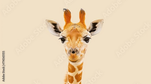  a close up of a giraffe's face with a beige background in the foreground and the head of the giraffe in the foreground.