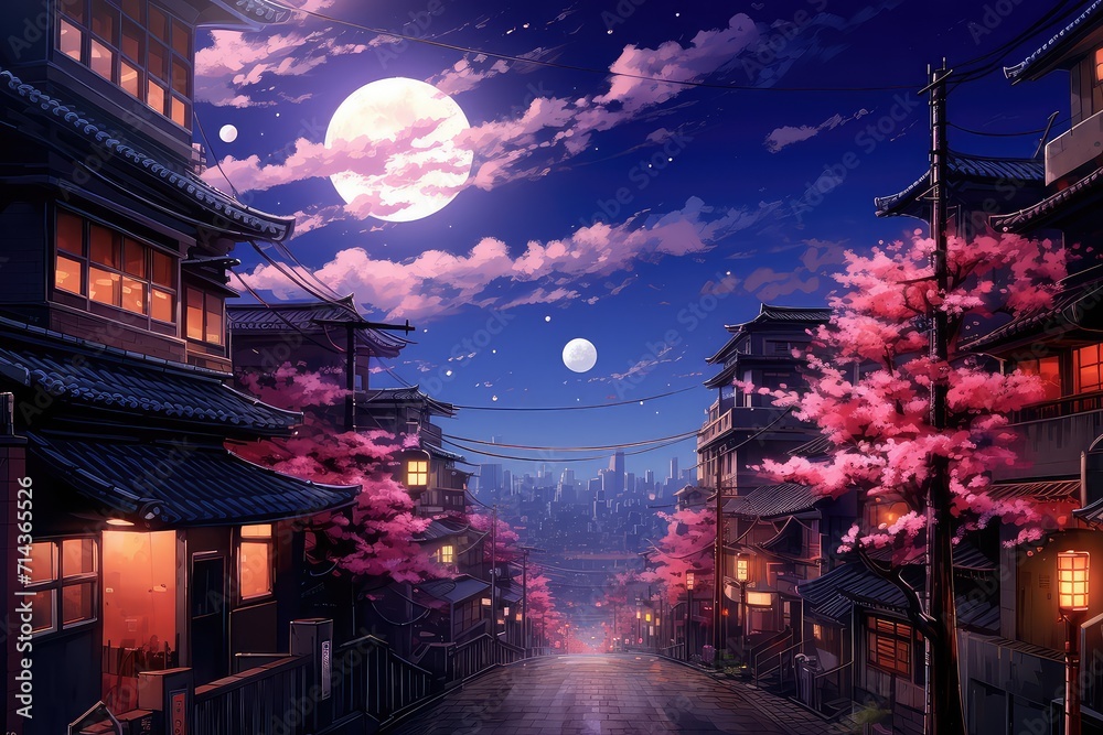Fototapeta premium A beautiful Japanese town in the night. Anime comics artstyle. Cozy lofi asian architecture.