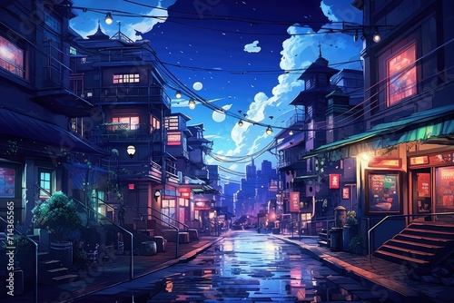 A beautiful Japanese town in the night. Anime comics artstyle. Cozy lofi asian architecture. photo