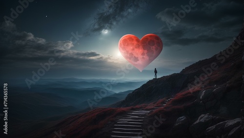 red heart glows in the night sky by moonlight and a person is walking up to it. Valentine's Day wallpaper