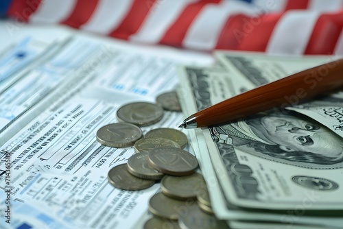 Stacked coins and dollar bills against an American flag backdrop photo