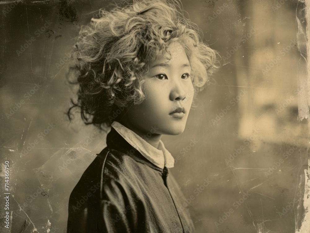 Photorealistic Teen Chinese Woman with Blond Curly Hair vintage Illustration. Portrait of a person in 1920s era aesthetics. Historic photo style Ai Generated Horizontal Illustration.