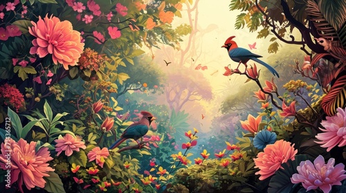 a painting of two birds sitting on a tree branch in the middle of a lush green forest filled with pink flowers and large, colorful, pink and yellow flowers.