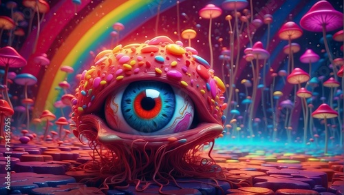 3D render characters, dreamland, colorful eyes, rainbow, moldy, mushroom, rainbow background