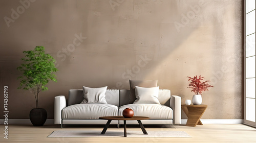 White living room interior with sofa and chairs, coffee table with books and decoration. Modern large lamp. Mockup copy space wall