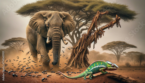 Majestic Elephant and Camouflaged Chameleon in a Dusty African Savanna