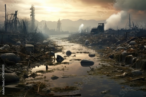 Ecological issues. Polluted land and river. Dirty water and soil. Industrial landscape. Destroyed world. AI Generated