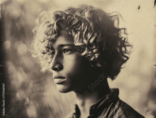Photorealistic Teen Indian Man with Blond Curly Hair vintage Illustration. Portrait of a person in 1920s era aesthetics. Historic photo style Ai Generated Horizontal Illustration.