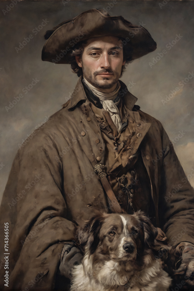 Fototapeta premium oil painting rustic, vintage portrait of a man with a dog, printable art, picture for printing on the wall