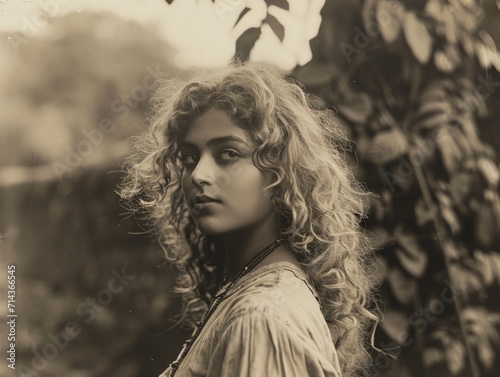 Photorealistic Teen Indian Woman with Blond Curly Hair vintage Illustration. Portrait of a person in 1920s era aesthetics. Historic photo style Ai Generated Horizontal Illustration. © Vector Juice