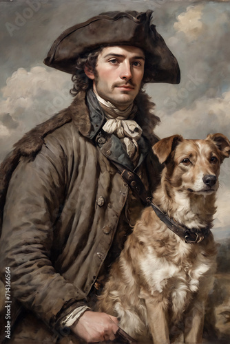 oil painting rustic, vintage portrait of a man with a dog, printable art, picture for printing on the wall © GartG
