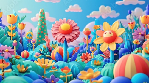  a painting of a field of flowers with a bird in the middle of the field and a blue sky in the back ground with clouds and sun in the background.