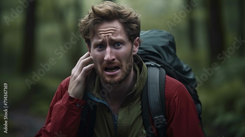 Concerned hiker and walking in woods
