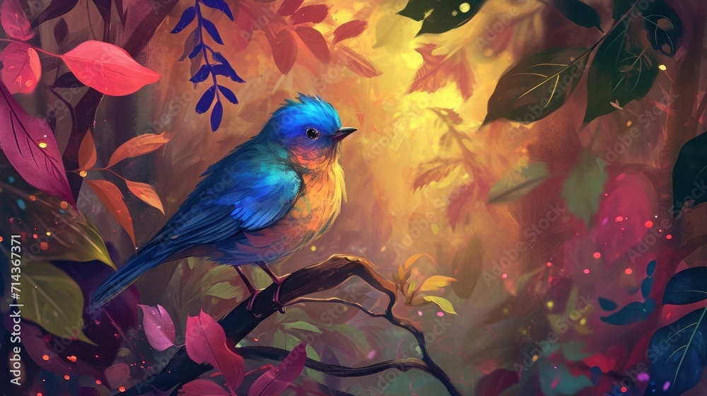 Fototapeta premium a painting of a blue bird sitting on a branch in a tree with red and yellow leaves on the ground and a yellow and blue bird sitting on the branch.