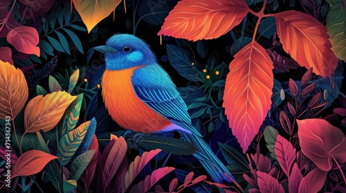  a colorful bird sitting on top of a lush green forest filled with red, orange, and yellow leaves on a dark blue and black background with a blue bird on it's chest. © Anna