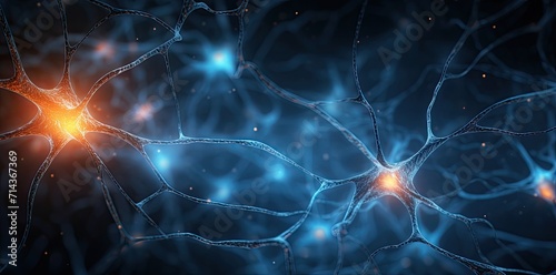 Illustration of neuron cells with glowing link knots. Human brain, science and neurology concept.