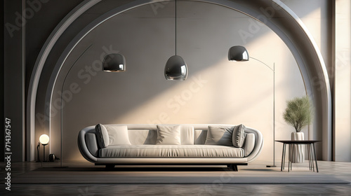 modern room interior with sofa and coffee table, concrete wall, arch.