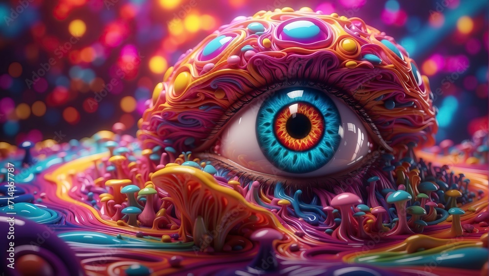 Psychedelic alien big-eyed creation covered in coral mushrooms, colorful background, 