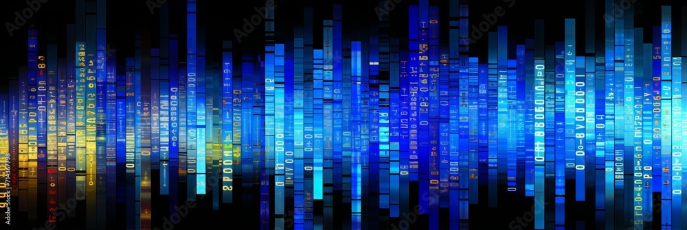 Abstract digital background with a matrix of interconnected data and binary code grid.