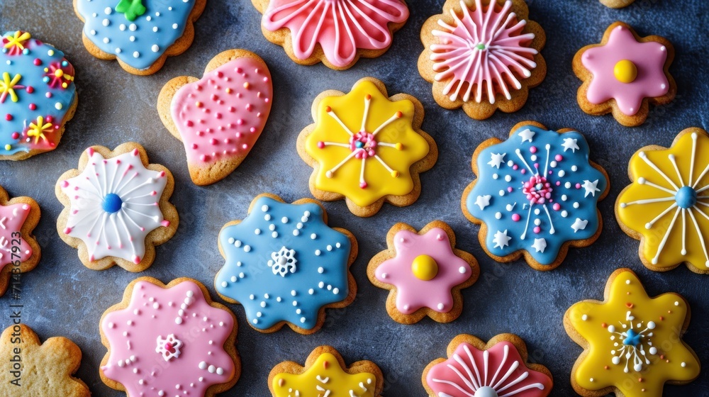 a group of decorated cookies sitting on top of a blue table covered in icing and sprinkles on top of a tablecloth covered in icing. a group of decorated cookies sitting on top of a blue table covered in icing and sprinkles on top of a tablecloth covered in icing.