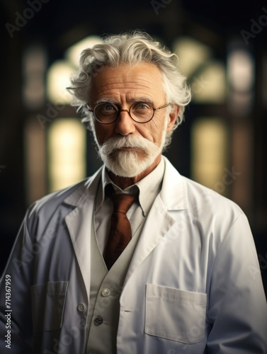 adult gray-haired man scientist or doctor, wearing a white gown, standing. science and study. portrait one person