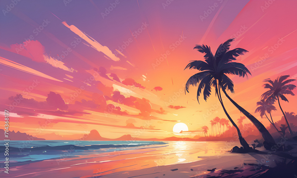 sunset over beach with palm tree silhouettes