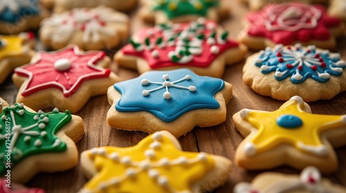  a close up of a bunch of cookies with icing on a wooden table with other cookies in the shape of star, snowflake, snowflake, and star, and snowflake.