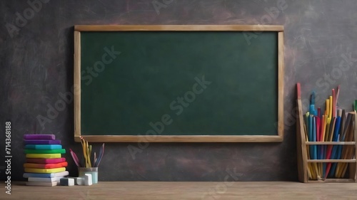 Textured blackboard with chalks and eraser photo
