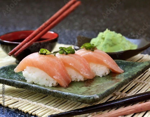 Sushi é uma culinária japonesa refinada que combina arroz temperado com vinagre, peixe fresco e outros ingredientes, proporcionando uma experiência gastronômica única e equilibrada. AI generation.