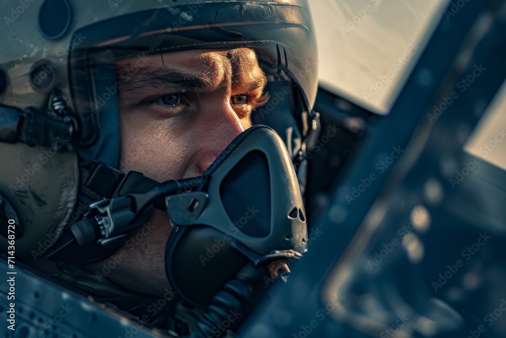 A rugged pilot, donning a gas mask and headphones, stands confidently in the outdoors with his face partially hidden by a helmet and determination in his eyes A rugged pilot, donning a gas mask and headphones, stands confidently in the outdoors with his face partially hidden by a helmet and determination in his eyes