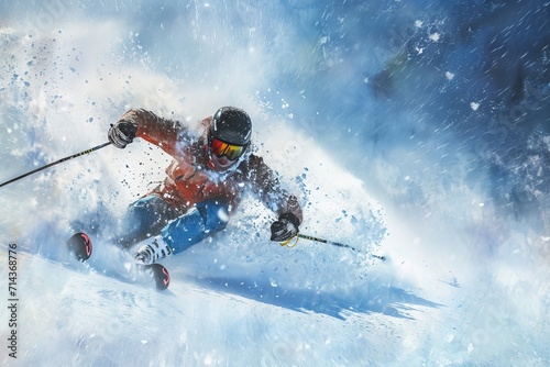 A fearless skier glides down a snowy slope, embracing the rush of winter sports and the beauty of the mountain scenery
