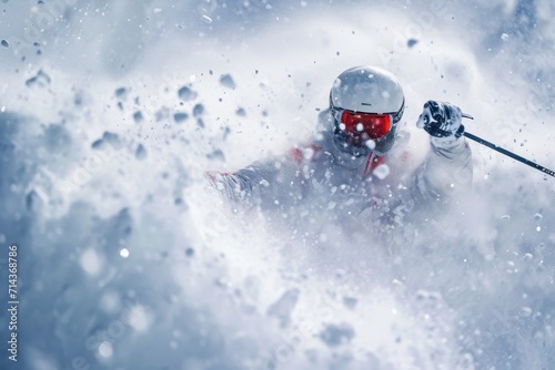 Embracing the thrill of winter, a skilled skier navigates the snowy slopes, donning a protective helmet and goggles as they carve their way through the outdoor wonderland