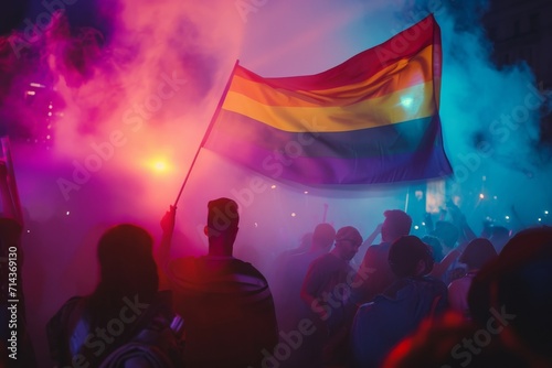 Vibrant magenta and violet hues fill the air as a group of passionate individuals raise their flag high at a lively concert, united by their love for music and the color purple