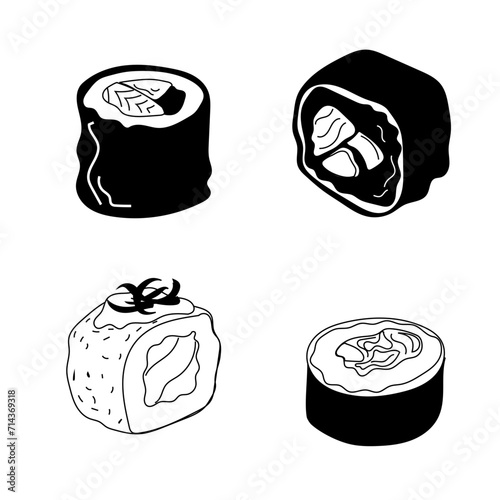 Quartet of Maki Sushi Vector Lineart - Elegant Monochrome Japanese Cuisine