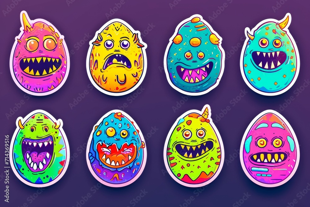 A colorful group of cartoon monsters playfully dance in a childlike illustration, exuding whimsy and nostalgia through its clipart-style art A colorful group of cartoon monsters playfully dance in a childlike illustration, exuding whimsy and nostalgia through its clipart-style art