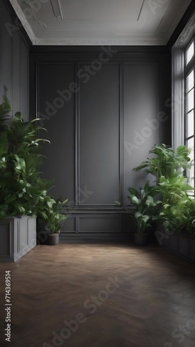Dark wall empty room with plants on a floor,3d rendering