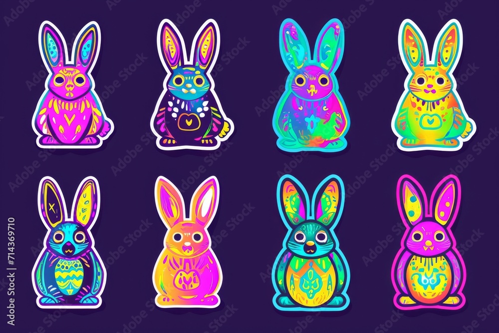 A lively band of cartoon bunnies with vibrant fur and playful personalities bring joy and warmth to their domestic rabbit community