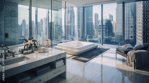 Luxurious modern bathroom with new fixtures, tiles, and floor to ceiling windows © Ilja