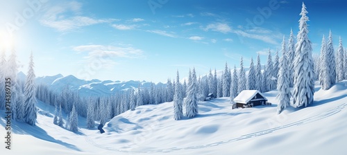 Winter wonderland serene wooden cabin amidst snow covered forested mountain meadow