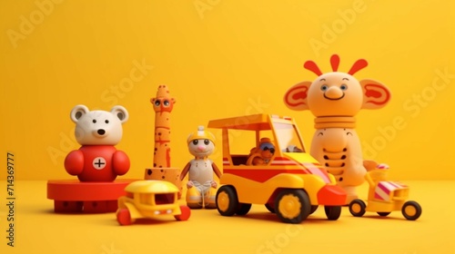 Different colorful children s toys on yellow background Ai Generative