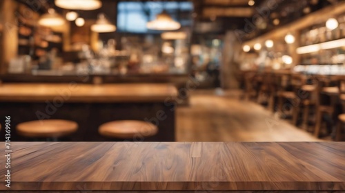 Wooden board empty table in front of blurred background. perspective brown wood over blur in coffee shop - can be used for display or montage your products.mock up for display of product.