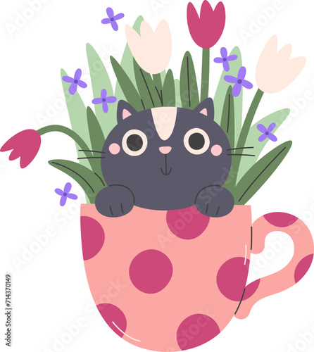 Cat In Cup With Flowers